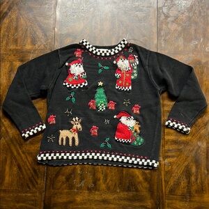 Black and Red Crew Neck Sweater with Festive Patterns